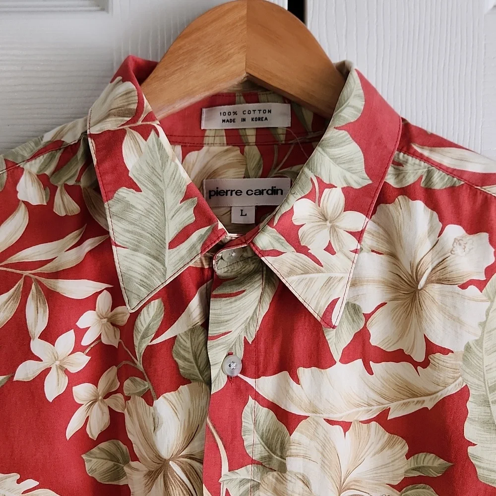 Vintage Pierre Cardin Mens‎ Dark Salmon Tropical Button Up Shirt Size LG Floral